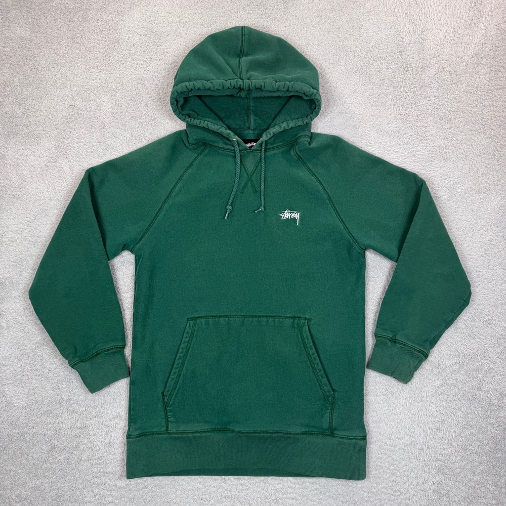 Stussy Forest Green Stock Logo Embroidered Raglan Hoodie Mens Small